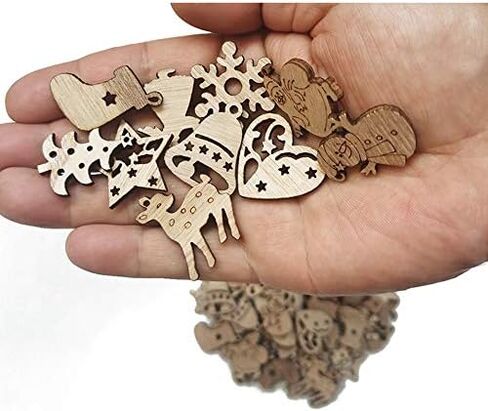 100Pcs Small Unfinished Wooden Christmas DIY Crafts Mini Santa Claus Christmas Tree Socks Snowman Snowflake Elk Bell Angel Star Heart in Kuwait