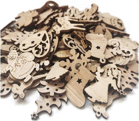 100Pcs Small Unfinished Wooden Christmas DIY Crafts Mini Santa Claus Christmas Tree Socks Snowman Snowflake Elk Bell Angel Star Heart in Kuwait