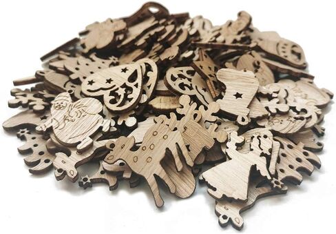 100Pcs Small Unfinished Wooden Christmas DIY Crafts Mini Santa Claus Christmas Tree Socks Snowman Snowflake Elk Bell Angel Star Heart in Kuwait