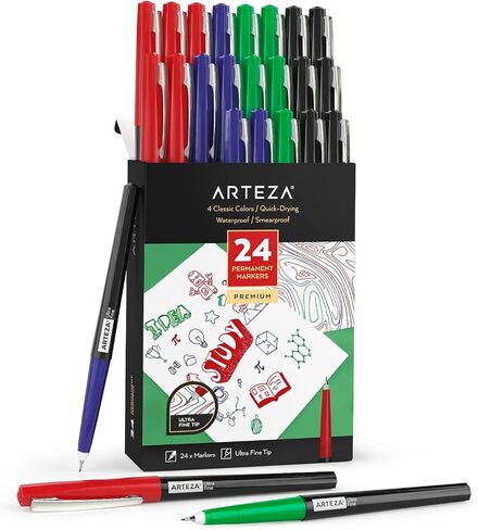 ARTEZA Permanent Markers, 24 Bright and Neon Colors, 2-mm Line, 4.2-mm Ultra-Fine Tip, Quick-Drying, Water Resistant, for Calligraphy and Making Signs in Saudi Arabia