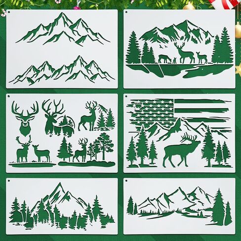 6 Pieces Christmas Stencils, Mountain Stencils for Painting on Wood Fired Template Reusable Nature Deer Tree Stencil for Craft Wall Furniture Decoration in Saudi Arabia