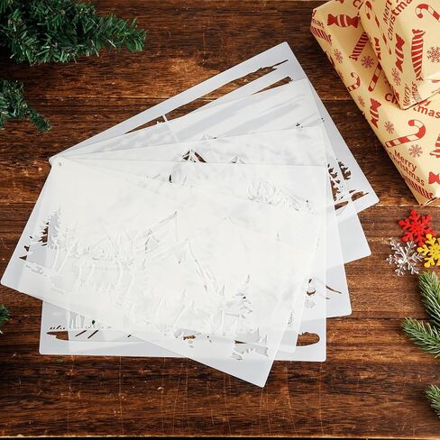 6 Pieces Christmas Stencils, Mountain Stencils for Painting on Wood Fired Template Reusable Nature Deer Tree Stencil for Craft Wall Furniture Decoration in Saudi Arabia