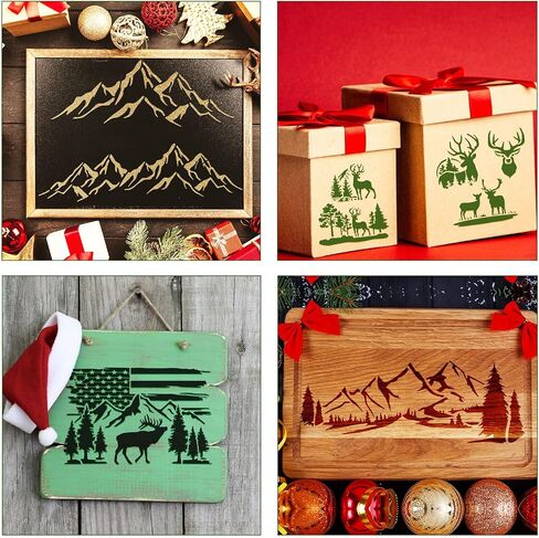 6 Pieces Christmas Stencils, Mountain Stencils for Painting on Wood Fired Template Reusable Nature Deer Tree Stencil for Craft Wall Furniture Decoration in Saudi Arabia