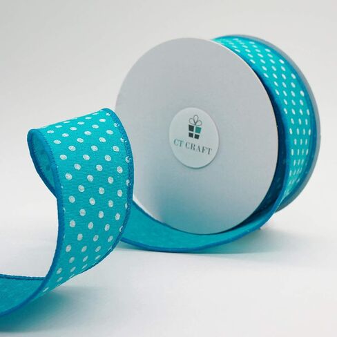 شريط سلكي منقط من CT Craft LLC لديكور المنزل، تغليف الهدايا، الحرف اليدوية، 1.5 بوصة × 10 ياردة × 1 لفة - تركواز/أبيض in Kuwait