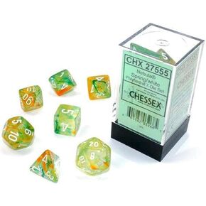 Chessex Nebula Polyhedral Dice Set Spring with White Luminary (7 dice), Various, 1 Count (Pack of 1)
