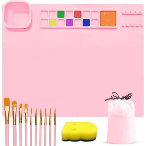 TobNeo Silicone Painting Mat with Detachable Cleaning Cup, 20"x16" Silicone Art Mat Non-Stick Silicone Craft Mat with 10 Brushes, Sponge, Drawstring Bag for Paint, Art, Clay, DIY(Pink) in Saudi Arabia