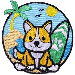 رقع كلب كورجي كرتوني على شكل كلب كورجي لطيف على الشاطئ في العطلات يمكن خياطتها للاطفال والجراء في العطلات، رقعة مطرزة لتزيين الملابس والجاكيتات والشنط والاحذية والجينز in Kuwait