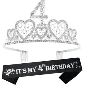 4th Birthday Sash and Tiara for Girls - Fabulous Glitter Sash + Hearts Rhinestone Silver Premium Metal Tiara for Girls, 4th Birthday Gifts for Princess Party in Saudi Arabia