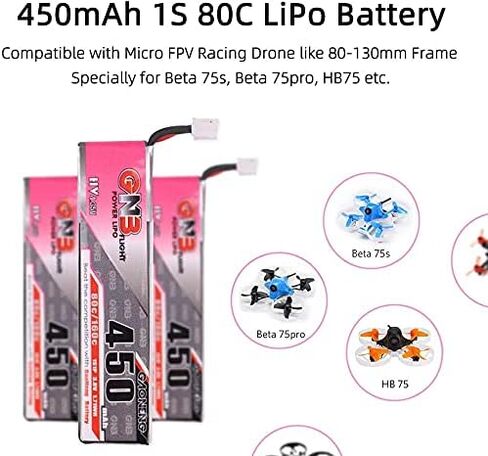 GNB 4 قطع 450 مللي أمبير 1 ثانية HV بطارية ليبو JST-PH 2.0 3.8 فولت 80C PowerWhoop mCPX موصل لـ EMAX Tinyhawk 2 Micro FPV Racing Drone (450 مللي أمبير 1 ثانية) in Kuwait