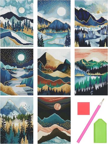 زينيري مجموعة رسم ماسية خماسية الابعاد للبالغين من 8 قطع، مجموعات رسم ماسية خماسية الابعاد للاطفال والمبتدئين، لوحات حفر كاملة مع ادوات لتزيين جدران المنزل (12×16 انش) in Kuwait