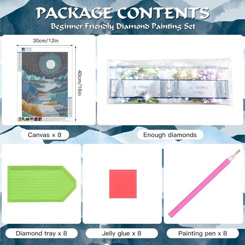 زينيري مجموعة رسم ماسية خماسية الابعاد للبالغين من 8 قطع، مجموعات رسم ماسية خماسية الابعاد للاطفال والمبتدئين، لوحات حفر كاملة مع ادوات لتزيين جدران المنزل (12×16 انش) in Kuwait