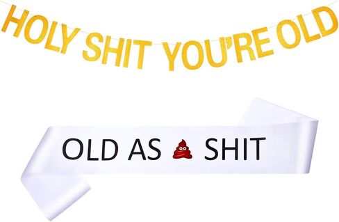 لافتة مكتوب عليها Holy Sht You're Old Banner ذهبية لعيد الميلاد ووشاح أبيض مكتوب عليه Old As Sht للاحتفال بعيد الميلاد وحفلات التقاعد in Kuwait