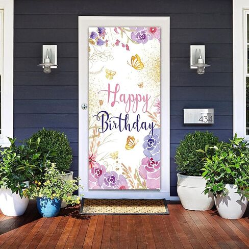 لافتة باب عيد ميلاد سعيد على شكل فراشة زهرية، لوازم ديكور لحفلات أعياد الميلاد للفتيات، لافتة باب لحفلات أعياد الميلاد، لافتة طاولة الكيك، مقاس 72.8 × 35.4 بوصة، لافتة معلقة خارجية وداخلية in Kuwait