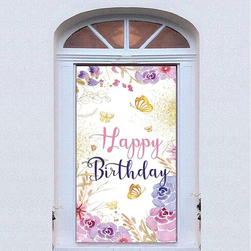 لافتة باب عيد ميلاد سعيد على شكل فراشة زهرية، لوازم ديكور لحفلات أعياد الميلاد للفتيات، لافتة باب لحفلات أعياد الميلاد، لافتة طاولة الكيك، مقاس 72.8 × 35.4 بوصة، لافتة معلقة خارجية وداخلية in Kuwait