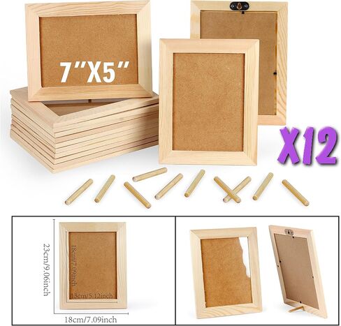 اطارات صور يدوية الصنع من 12 قطعة من الخشب غير المصقول مقاس 5×7، اطارات صور من خشب الصنوبر الصلب للتزيين، لمشاريع الرسم الفنية والحرفية، (مقاس اطار 7×9 يحمل صور 7×5) للبالغين والاطفال in Kuwait