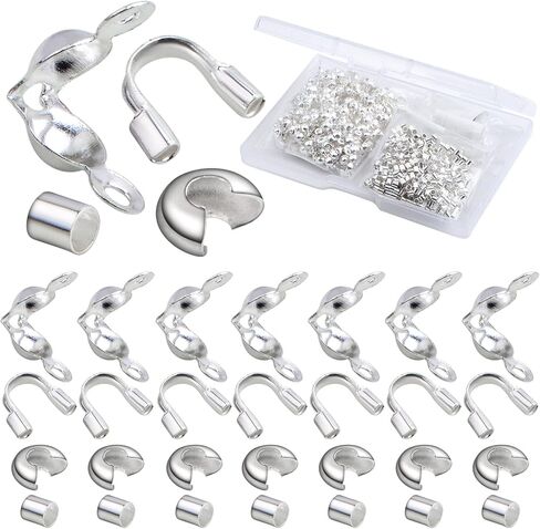 900pcs Silver Metal Tube Crimp Beads Half Round Open Crimp Beads Knot Covers Wire Guardians Bead End Tips with a Box for DIY Bracelet Necklace Jewelry Making Supplies, 4 Styles in Kuwait