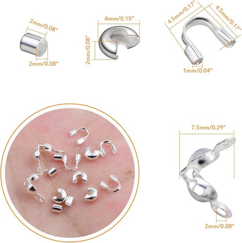 900pcs Silver Metal Tube Crimp Beads Half Round Open Crimp Beads Knot Covers Wire Guardians Bead End Tips with a Box for DIY Bracelet Necklace Jewelry Making Supplies, 4 Styles in Kuwait