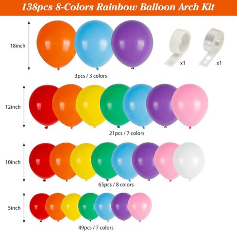 Holicolor Rainbow Balloon Arch Kit 138pcs 5 10 12 18 Inch 8 Assorted Color Latex Balloons Garland for Birthday Wedding Baby Shower Engagement Anniversary Decorations in Kuwait