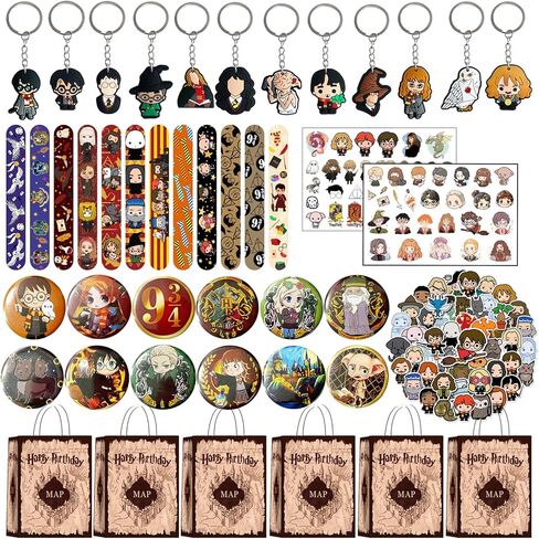 DOEA 100pcs Party Favors Set Birthday Party Supplies Include 12 Bracelets, 12 Keychain, 12 Button Pins, 2 Tattoos,50 Stickers and 12 Gift bags in Kuwait