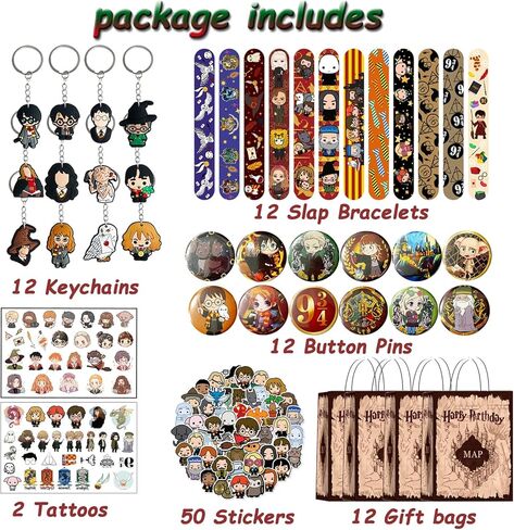 DOEA 100pcs Party Favors Set Birthday Party Supplies Include 12 Bracelets, 12 Keychain, 12 Button Pins, 2 Tattoos,50 Stickers and 12 Gift bags in Kuwait