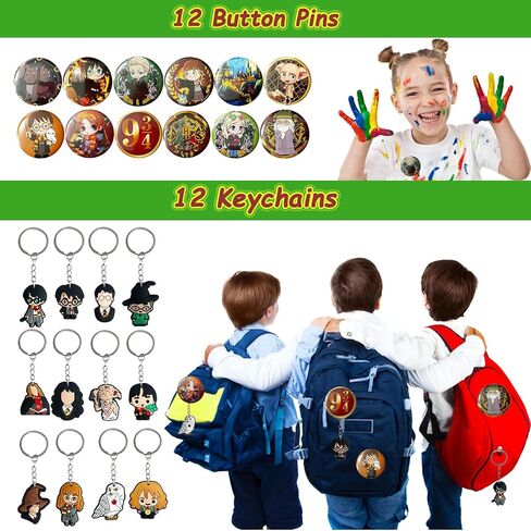 DOEA 100pcs Party Favors Set Birthday Party Supplies Include 12 Bracelets, 12 Keychain, 12 Button Pins, 2 Tattoos,50 Stickers and 12 Gift bags in Kuwait