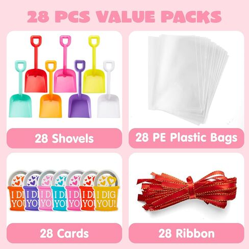 JOYIN 28 PCS Plastic Toy Shovels with I DIG YOU Cards, 28 Candy Bags with Ribbon for Valentine's Party Favors Supplies, Valentine's Toys, Classroom Exchange Prizes Valentine’s Gifts in Saudi Arabia