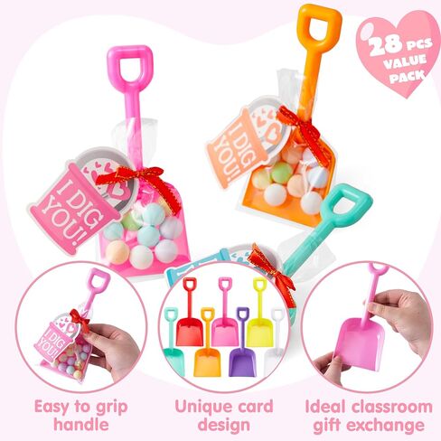 JOYIN 28 PCS Plastic Toy Shovels with I DIG YOU Cards, 28 Candy Bags with Ribbon for Valentine's Party Favors Supplies, Valentine's Toys, Classroom Exchange Prizes Valentine’s Gifts in Saudi Arabia