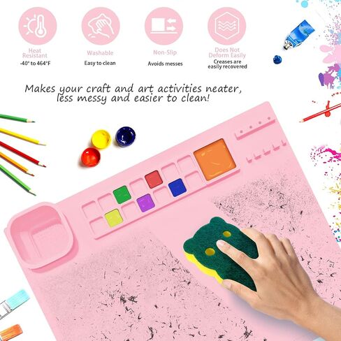 حصيرة رسم من السيليكون TobNeo مع كوب تنظيف قابل للفصل، حصيرة فنية من السيليكون مقاس 20 × 16 بوصة، حصيرة حرفية من السيليكون غير لاصقة مع 10 فرش، إسفنجة، حقيبة برباط للطلاء، الفن، الطين، DIY (وردي) in Saudi Arabia