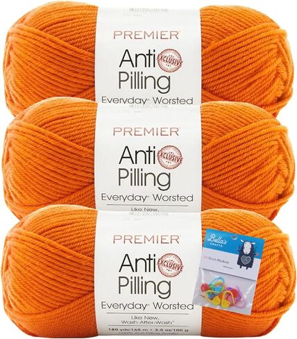 خيوط Premier Yarns Everyday Soft Worsted المضادة للوبر - 3.5 أونصة - #4 متوسطة الوزن - حزمة من 3 قطع مع أقلام تحديد الغرز من Bella's Crafts (الصدأ) in Kuwait