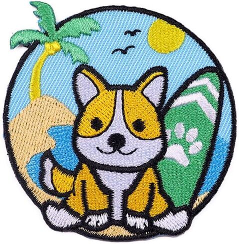 رقع كلب كورجي كرتوني على شكل كلب كورجي لطيف على الشاطئ في العطلات يمكن خياطتها للاطفال والجراء في العطلات، رقعة مطرزة لتزيين الملابس والجاكيتات والشنط والاحذية والجينز in Kuwait