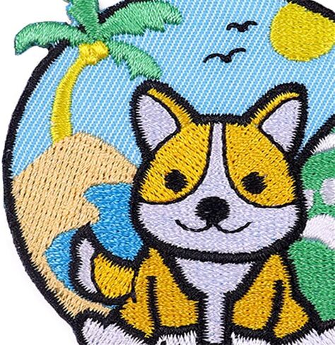 رقع كلب كورجي كرتوني على شكل كلب كورجي لطيف على الشاطئ في العطلات يمكن خياطتها للاطفال والجراء في العطلات، رقعة مطرزة لتزيين الملابس والجاكيتات والشنط والاحذية والجينز in Kuwait