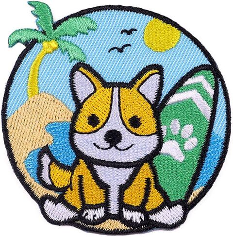 رقع كلب كورجي كرتوني على شكل كلب كورجي لطيف على الشاطئ في العطلات يمكن خياطتها للاطفال والجراء في العطلات، رقعة مطرزة لتزيين الملابس والجاكيتات والشنط والاحذية والجينز in Kuwait