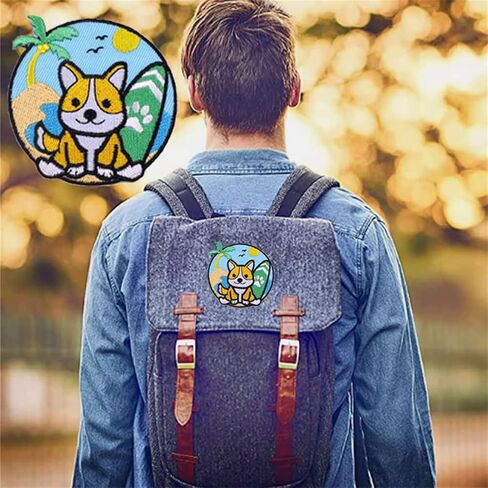 رقع كلب كورجي كرتوني على شكل كلب كورجي لطيف على الشاطئ في العطلات يمكن خياطتها للاطفال والجراء في العطلات، رقعة مطرزة لتزيين الملابس والجاكيتات والشنط والاحذية والجينز in Kuwait