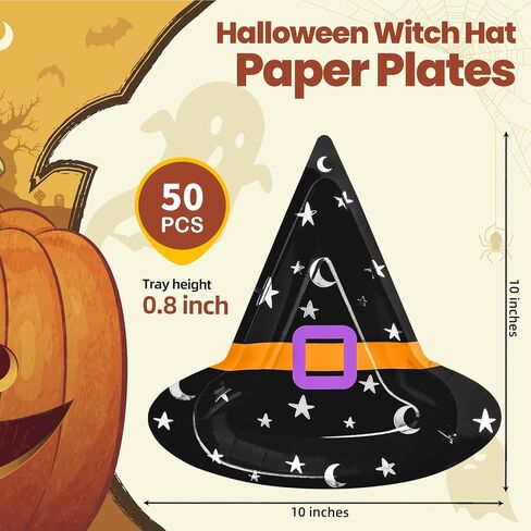 Datyiiha 50 قطعة من أطباق حفلات الهالوين مقاس 10 بوصات لحفلات الهالوين الورقية وقبعة الساحرة وأطباق أدوات المائدة للاستعمال مرة واحدة لتزيين طاولة الهالوين ومستلزمات الحفلات in Kuwait