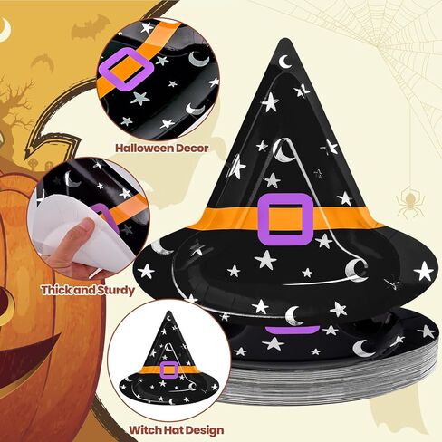 Datyiiha 50 قطعة من أطباق حفلات الهالوين مقاس 10 بوصات لحفلات الهالوين الورقية وقبعة الساحرة وأطباق أدوات المائدة للاستعمال مرة واحدة لتزيين طاولة الهالوين ومستلزمات الحفلات in Kuwait