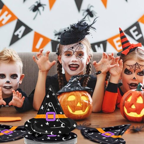 Datyiiha 50 قطعة من أطباق حفلات الهالوين مقاس 10 بوصات لحفلات الهالوين الورقية وقبعة الساحرة وأطباق أدوات المائدة للاستعمال مرة واحدة لتزيين طاولة الهالوين ومستلزمات الحفلات in Kuwait