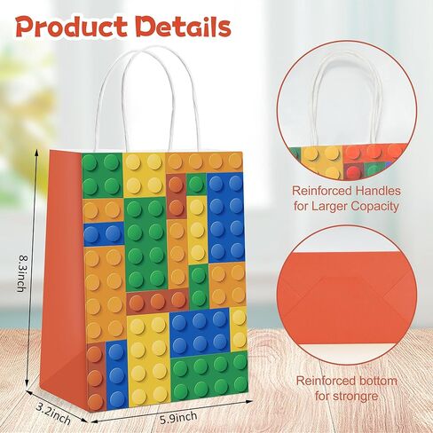 Building Block Party Gift Bags -24 PCS Building Blocks Theme Party Tote Bags for Kids Birthday - 6 Different Patterns Candy Bags Treat Bags For Birthday Party Supplies Favors Decoration in Kuwait