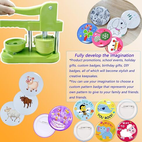 LazyWomen زر صنع الآلة بدون تركيب، مجموعة ماكينة صنع الشارة الدبوسية، 1 بوصة (25 مم) آلة ضغط الشارة مجانًا 100 قطعة من لوازم أجزاء الشارة وقطاعة دائرية، هدايا للأطفال in Kuwait