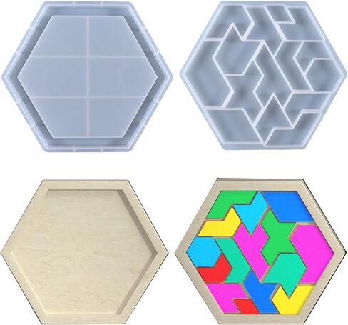 قالب سيليكون لغز Koelin Tangram، مجموعة قوالب راتنج أحجية الصور المقطوعة السداسية، مجموعة Tangram للعبة الألغاز، صناعة الراتنج، الحرف اليدوية المصنوعة يدويًا من الراتنج in Kuwait