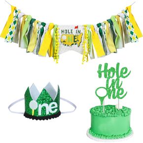 Hole in One First Birthday Decorations Set for Boys, Golf Themed 1st Birthday Hat Crown, Hole in One Highchair Banner Cake Topper, Master Golf One Year Old Party Supplies