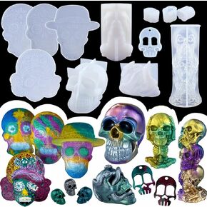 PopCiel 12 قطعة من قوالب جمجمة الراتنج قوالب جمجمة ثلاثية الأبعاد لراتنجات الإيبوكسي، قوالب راتينج السيليكون لتزيين الجمجمة لصنع الشموع، ديكور المنزل، ديكور الهالوين in Kuwait