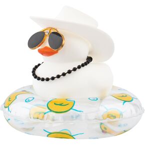 wonuu Rubber Duck Car Decorations Cute Car Accessories Dashboard Car Ornament with Cowboy Hat Swim Ring Colour Necklace and Sunglasses,F_Pink red Necklace Dolphin Ring Sunflower hat in Kuwait