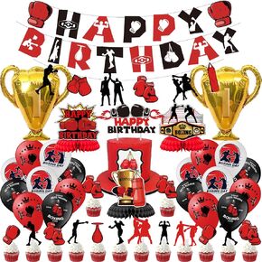 لوازم حفلات اعياد الميلاد للملاكمة، مجموعة حفلات المصارعة تتضمن لافتة واكليل ملاكمة وبالونات وزينة كيك وبالونات من رقائق الالومنيوم بطل الابطال واقراص العسل الرياضية للمعجبين in Kuwait