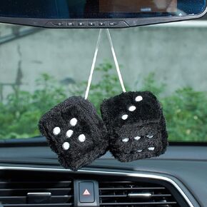 2.36'' Retro Fuzzy Plush Dice Car Charm Square Plush Dice Car Rear View Mirror Hanging Ornament Car Mirror Hanging Accessories, Black with Pink Spot