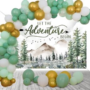 Adventure Baby Shower Decorations Set Adventure Party Decorations Let The Adventure Begin Backdrop,Sage Green Balloon Garland for Travel Themed Party,Greenery Rustic Mountain Forest Woodland Party