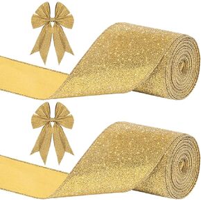2 Rolls 20 Yards Christmas Glitter Ribbon Glitter Wired Ribbon Shiny Ribbon for Christmas Party Box Wrapping Decor (Gold)