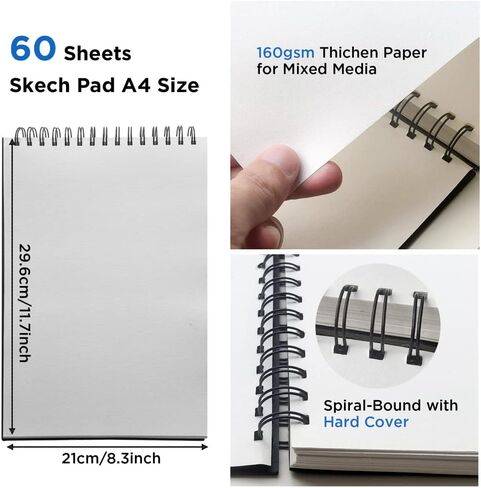 مجموعة رسم احترافية - 31 قطعة من أقلام الجرافيت للرسم الفني، 60 ورقة (120 صفحة) لوحة كتب رسم A4 (108 رطل/100 جرام)، قلم رصاص ميكانيكي 2B 0.7 مم، مستلزمات فنية لأقلام التظليل للفنانين المحترفين in Kuwait