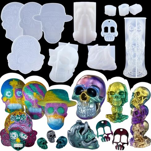 PopCiel 12 قطعة من قوالب جمجمة الراتنج قوالب جمجمة ثلاثية الأبعاد لراتنجات الإيبوكسي، قوالب راتينج السيليكون لتزيين الجمجمة لصنع الشموع، ديكور المنزل، ديكور الهالوين in Kuwait