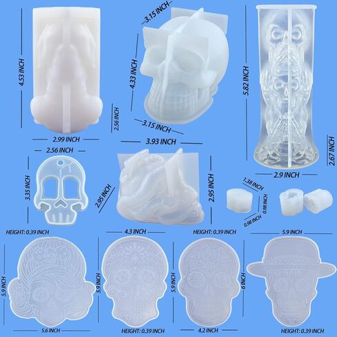 PopCiel 12 قطعة من قوالب جمجمة الراتنج قوالب جمجمة ثلاثية الأبعاد لراتنجات الإيبوكسي، قوالب راتينج السيليكون لتزيين الجمجمة لصنع الشموع، ديكور المنزل، ديكور الهالوين in Kuwait
