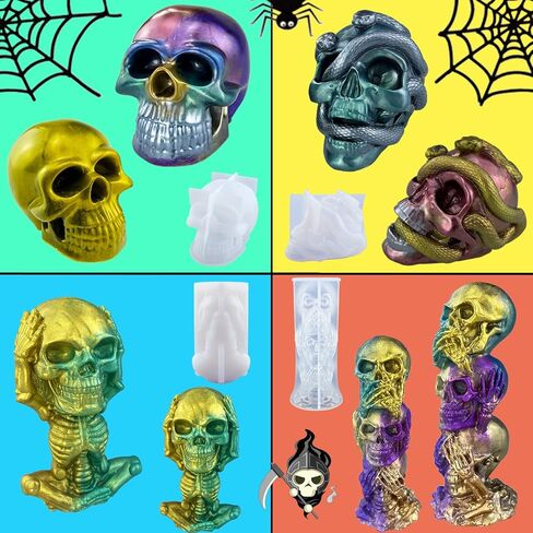 PopCiel 12 قطعة من قوالب جمجمة الراتنج قوالب جمجمة ثلاثية الأبعاد لراتنجات الإيبوكسي، قوالب راتينج السيليكون لتزيين الجمجمة لصنع الشموع، ديكور المنزل، ديكور الهالوين in Kuwait